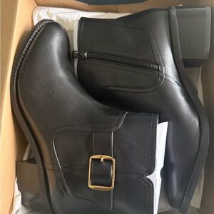 Cole Haan Women’s Black Leather Boots with Gold Buckle